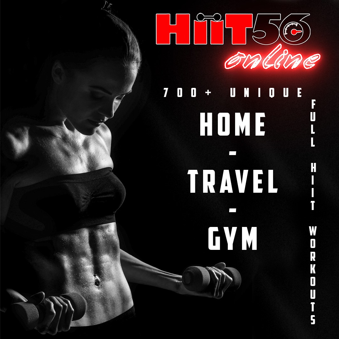 HIIT56 Online artwork featuring an athlete training with dumbbells