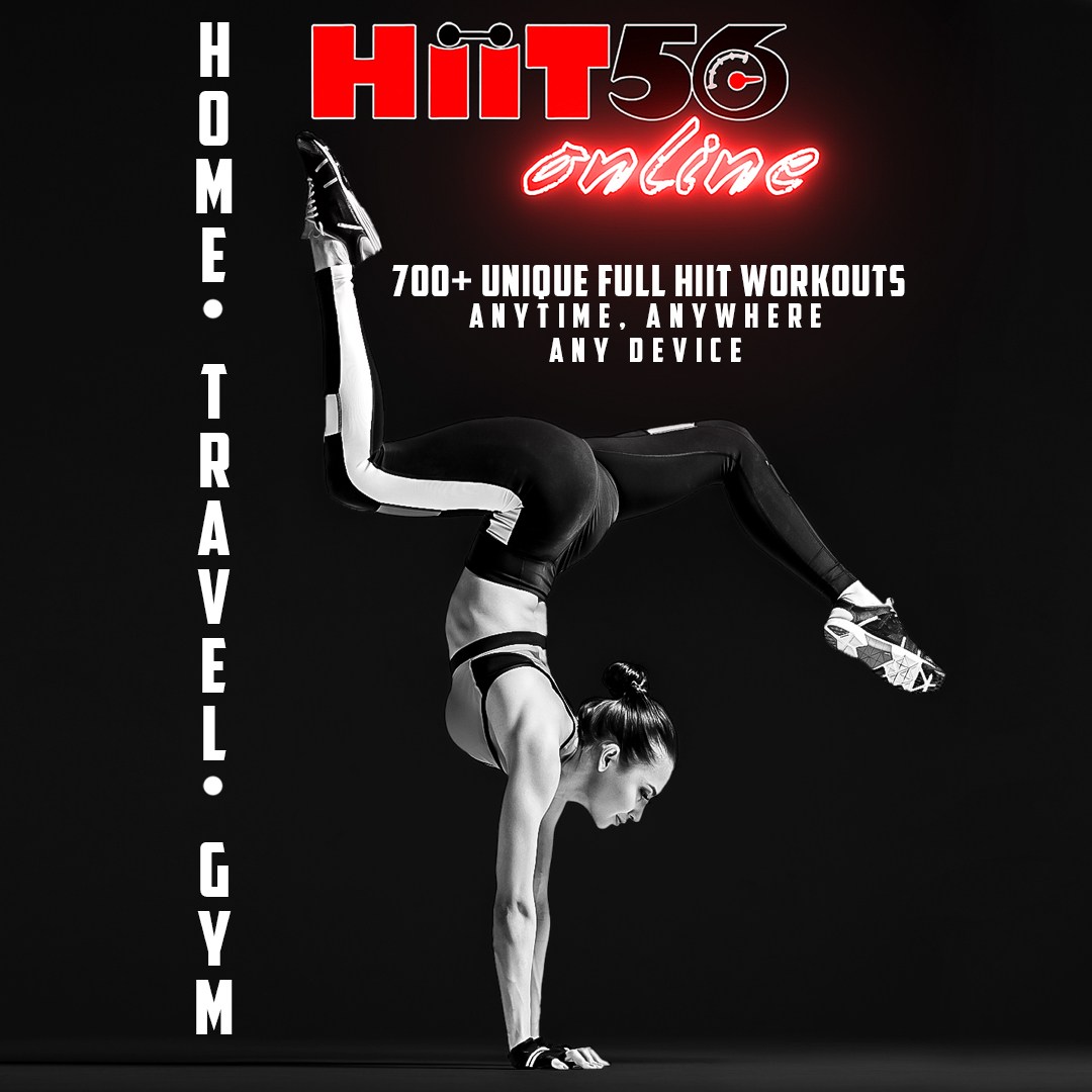 Athlete in a handstand featured in HIIT56 Online campaign artwork