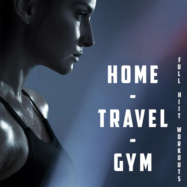 HIIT56 Online athlete with her full face visible beside home, travel and gym workout messaging