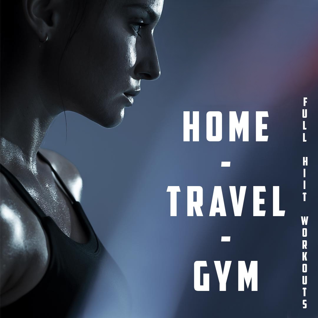 HIIT56 Online artwork showing an athlete and the words home, travel and gym
